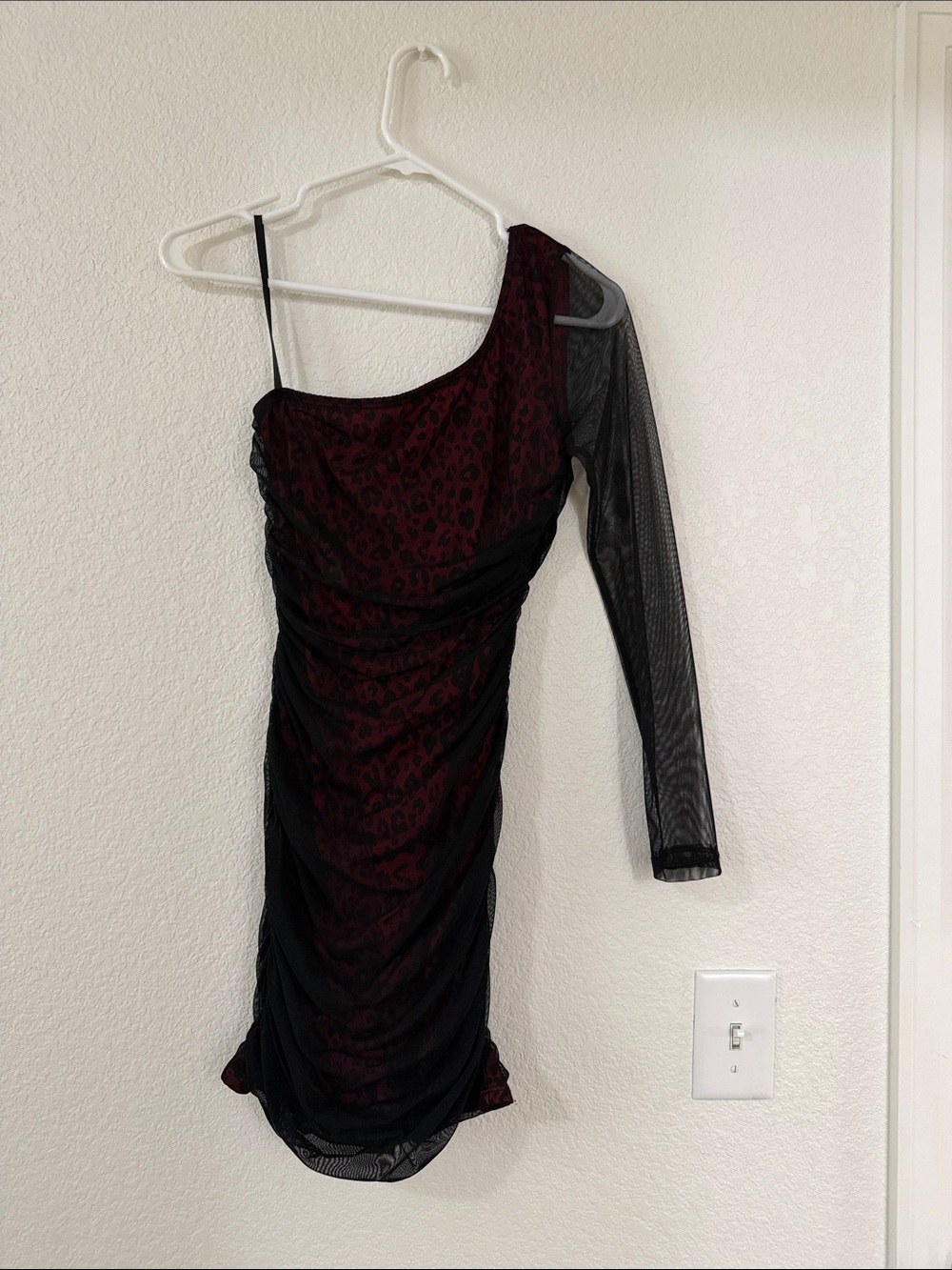 One-Shoulder Black and Burgundy Ruched Mesh Dress